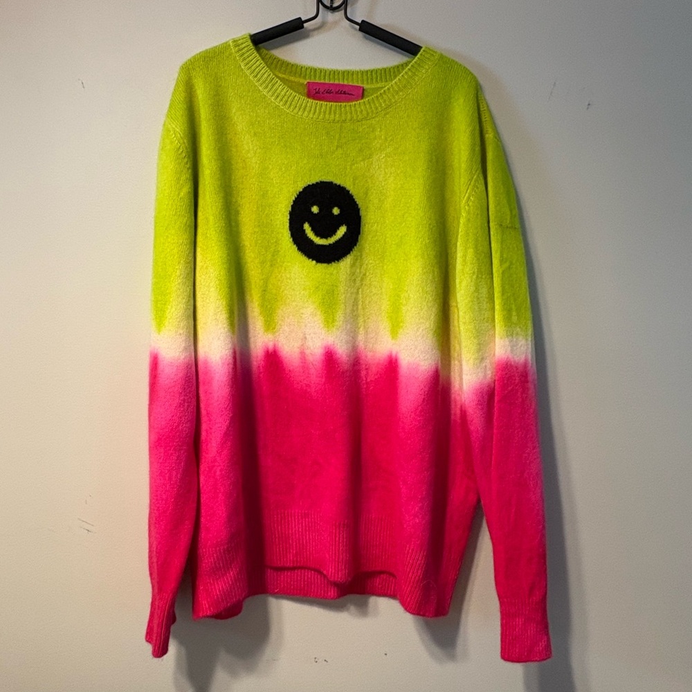 The Elder Statesman Lime Green and Pink Smiley Face Sweater